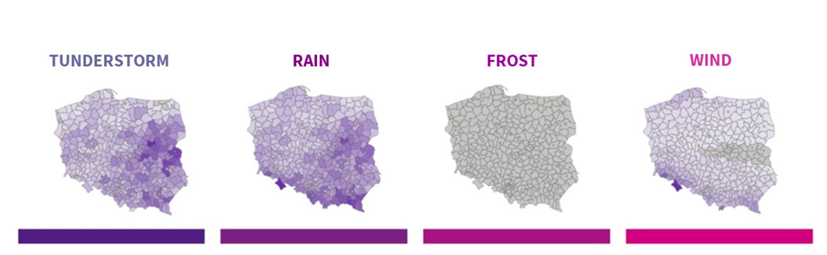 Areas to which alerts were most frequently directed in 2020 broken down by weather phenomena